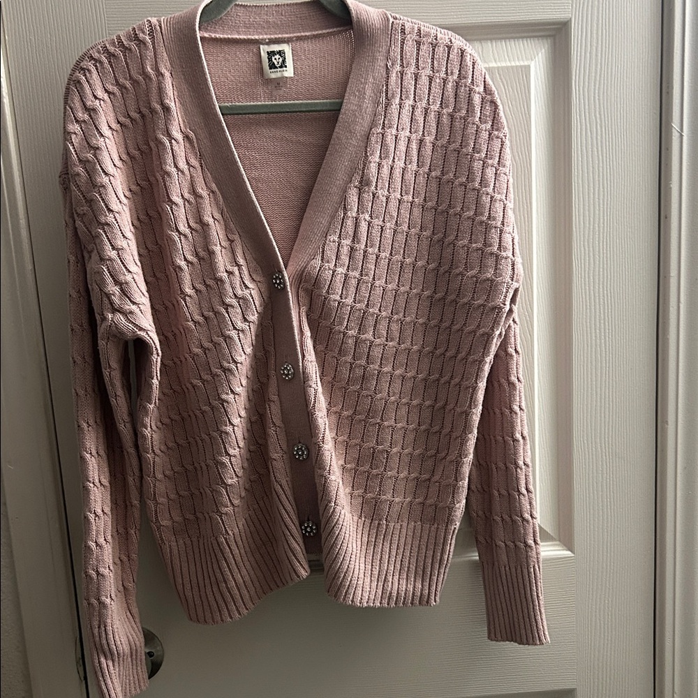 Anne Klein Dusty Rose Cable Knit V-Neck Cardigan